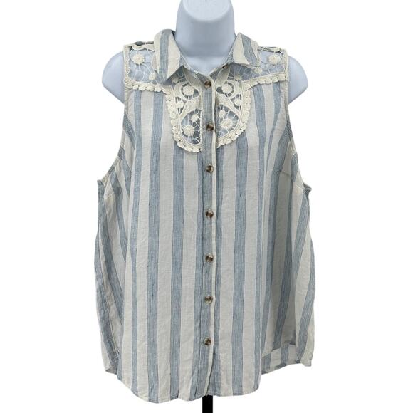 Maeve by Anthropologie Tops WMNS XL White Blue Striped Lace Trim Linen Blouse - Picture 1 of 8
